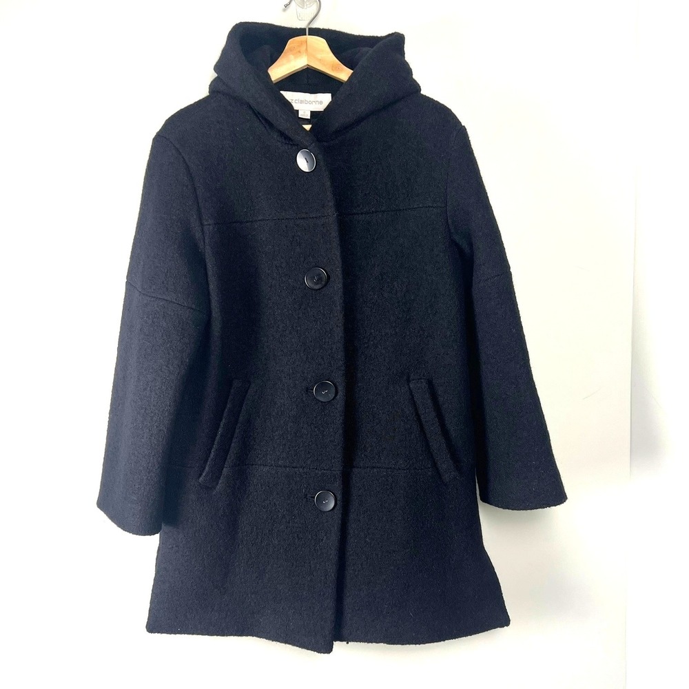 Liz Claiborne Black 100% Wool Hooded Coat Women 8 Mid Length Classic Academia